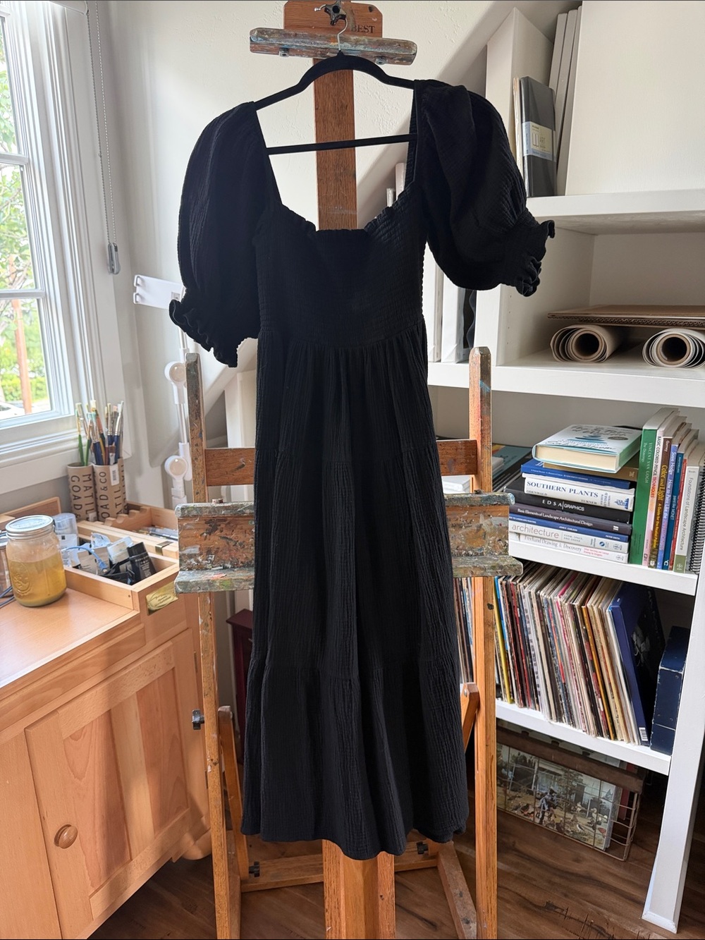 Black Puff-Sleeve Smocked Midi Dress